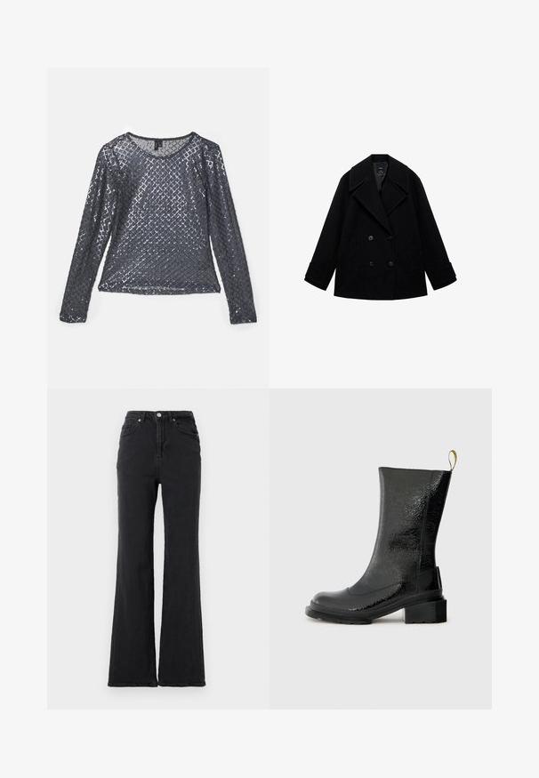 Zwarte wollen peacoat met een dubbelgeknoopte ontwerp, grote revers, rechte snit en twee voorzakken. Matte afwerking zonder zichtbare patronen.; Langsleeve top van donkergrijze stof, bedekt met diamanten-patroon pailletjes, met een ronde halslijn en een lichte, reflecterende textuur.; Zwarte high-waisted denimjeans met een uitlopende pijp, een knoop aan de voorkant en een vijf-pocket ontwerp tegen een effen witte achtergrond.; Zwarte enkellaars gemaakt van glanzend, gestructureerd materiaal. Voorzien van een chunky hak en een treklabel aan de achterkant voor eenvoudig aan- en uittrekken.