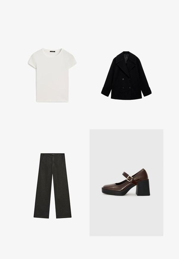 Černý vlněný péřový kabát s dvouvrstvým designem, velkými klopami, rovného střihu a dvěma předními kapsami. Matný povrch bez viditelných vzorů.; Bílý krátký rukáv tričko s kulatým výstřihem, vyrobené z jemné bavlněné tkaniny, s hladkou strukturou a jednoduchým designem.; Široké černé džíny s středním pasem, dvěma předními kapsami a čistým, minimalistickým designem bez viditelných ozdob.; Hnědé lakované kožené Mary Jane boty s blokovým podpatkem, se sponou a zakulacenou špičkou, odpočívející na texturované černé podrážce.