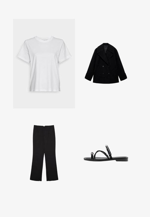 Cappotto da marinaio nero in lana con design doppiopetto, grandi rever, taglio dritto e due tasche anteriori. Finitura opaca senza motivi visibili.; T-shirt bianco in cotone con maniche corte, collo rotondo e taglio rilassato. Texture liscia, senza motivi o grafiche, design basic.; Pantaloni neri a gamba dritta, con tasche frontali e spacchi laterali all'orlo. Realizzati in tessuto morbido e liscio. Adatti a diverse occasioni.; Infradito neri con una finitura lucida, tre sottili cinturini e un dettaglio hardware circolare sulla punta. Design elegante con un tacco minimale.