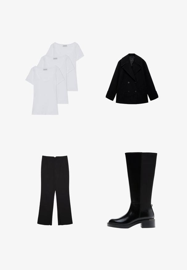 Crni vuni peacoat s dvostrukim kopčanjem, velikim reverima, ravnim krojem i dva prednja džepa. Mat površina bez vidljivih uzoraka.; Tri bijele pamučne majice kratkih rukava s okruglim izrezom, sa glatkom teksturom i dosljednim dizajnom.; Crne hlače ravnog kroja, s prednjim džepovima i bočnim prorezima na rubu. Izrađene od mekog i glatkog materijala. Pogodne za razne prigode.; Crna čizma do koljena s glatkom kožnom završnom obradom, istaknutim šavovima, masivnom petom i teksturiranim stražnjim panelom za dodatni interes.