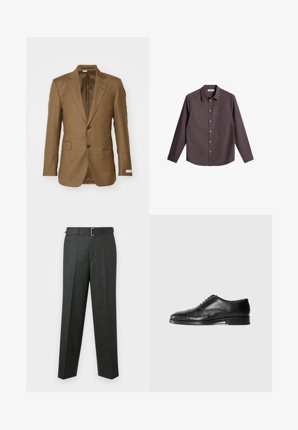 Brown textured blazer with notched lapels, two front pockets, two buttons, and a smooth inside lining. Tailored fit and modern design.; Dark brown button-down shirt made of a textured fabric. It features a collar, long sleeves, and six buttons down the front.; Dark grey tailored trousers with a flat front, pleated design, and a fitted belt featuring a silver buckle. Smooth texture and straight legs.; Black leather dress shoe with a rounded toe, smooth texture, lace-up design, and a subtle seam detail, featuring a low, flat heel.