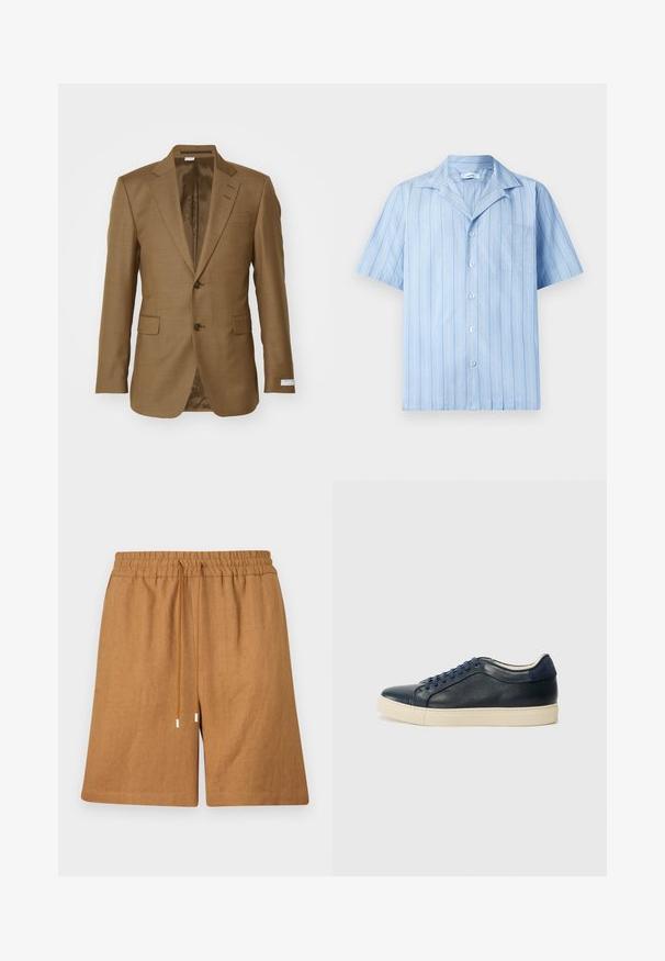 Barna textúrájú zakó, kerekített hajtókákkal, két elülső zsebbel, két gombbal és sima béléssel. Testhez álló szabás és modern dizájn.; Világoskék, rövid ujjú ing függőleges fehér csíkokkal, gombos elülső résszel és mellzsebbel. Simogató, könnyű anyagból készült.; Barna vászon rövidnadrág, elasztikus derékrésszel, zsinórral történő záródással és laza szabással. Simább textúrával és varrott szegélyekkel rendelkezik.; Sötétkék bőr sportcipő krémszínű gumitalppal, kék fűzőkkel és sima textúrával. Lekerekített orr és minimalista design.
