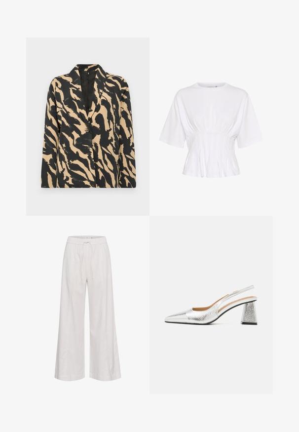 Black and beige patterned blazer with a notched collar and single button closure, made from a textured fabric featuring a bold animal print.; White short-sleeve top made of soft fabric, featuring a round neckline and gathered detailing at the waist for a fitted look.; Wide-leg pants in soft white fabric, featuring an elastic waistband with a drawstring, smooth texture, and no additional embellishments.; Silver slingback pump with a pointed toe, textural metallic finish, and a triangular block heel. Interior features brown leather details.
