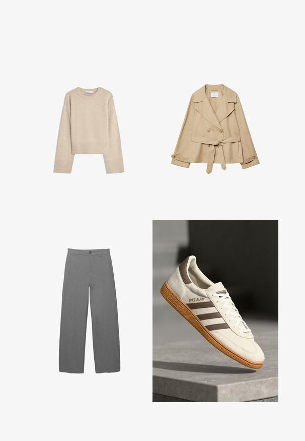 Beżowy trencz z podwójnym zapięciem, szerokimi klapami i paskiem w talii. Posiada dwie boczne kieszenie oraz guziki przy mankietach.; Beżowy, krótkie sweter wykonany z miękkiego materiału dzianinowego. Posiada okrągły dekolt, długie rękawy oraz prążkowane mankiety i dół, co dodaje mu tekstury.; Świetlno-szare spodnie o szerokich nogawkach z gładkiej, fakturowanej tkaniny, z przodem zapinanym na guziki oraz szlufkami na pasek w talii.; Białe zamszowe sneakersy z brązowymi skórzanymi akcentami, trzema brązowymi paskami i białymi sznurówkami. Posiadają fakturowaną gumową podeszwę i złote logo "SPEZIAL".