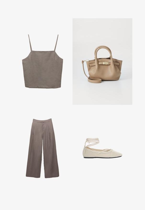 Taupe damesblazer met lange mouwen, geknipt reverskraag en zijsluiting met strik, gemaakt van lichtgewicht stof.; Grijze, mouwloze top met dunne schouderspanden, voorzien van een relaxte pasvorm en gemaakt van een lichtgewicht stof. Gladde textuur met een subtiele glans.; Brede taupe linnenbroek met hoge taille en voorplooien, ontworpen voor een losse, relaxte pasvorm.; Beige geweven ballettans met een spitse neus, platte zool en wikkellieten. De textuur is open gebreid en heeft een zachte binnenvoering.; Tan leren handtas met dubbele handvatten en een afneembare schouderriem. Beschikt over een goudkleurige sluiting en een gestructureerd oppervlak.