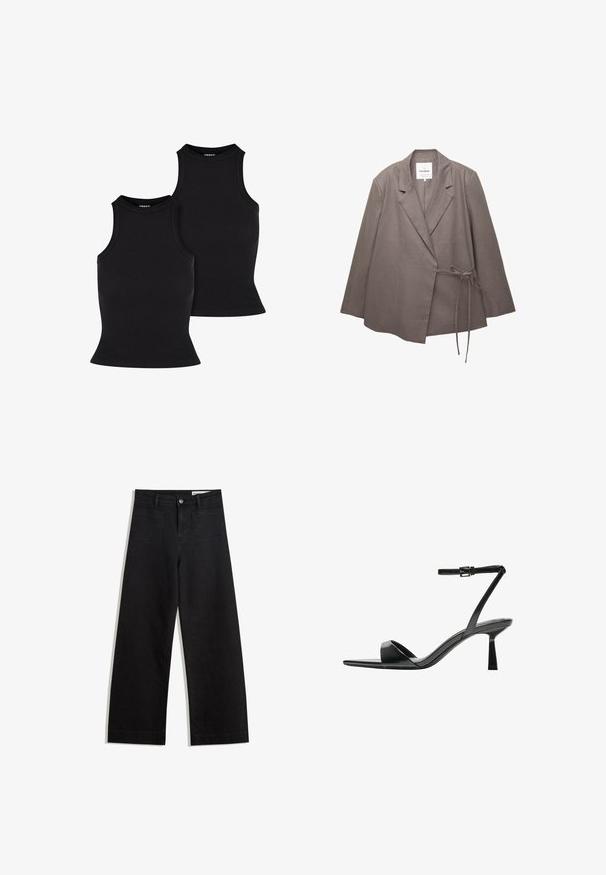 Taupe ženska blazer jakna z dolgimi rokavi, s spuščeno ovratnico in stranskim vezanjem, izdelana iz lahkega materiala.; Črne rebraste majice brez rokavov, tesno prilegajoča zasnova z visokim ovratnikom in brezrokavnim stilom. Tekstura se zdi raztegljiva in gladka, s preprosto silhueto.; Črne široke denim hlače z visokim pasom, ki imajo sprednje in zadnje žepe, šivane šive ter gumbasto zapiranje. Gladka tekstura.; Bershka Sandali z visoko peto - black