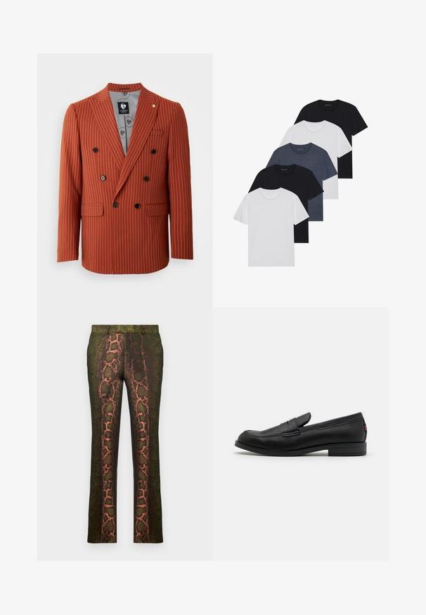 Double-breasted blazer in rust with white stripes. Features black buttons, notched lapels, and two front pockets. Lined with patterned fabric.; Set of five t-shirts in black, white, and navy blue. Cotton fabric, short sleeves, crew neck design, and plain texture with no patterns.; Green patterned trousers featuring a snake print design with shades of brown and orange, straight cut, and a smooth texture.; Black leather loafers with a smooth finish, rounded toe, and a small decorative flap. Features a low stacked heel and subtle branding detail.