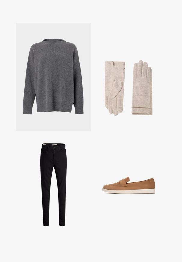 Jasnoszary żakiet o fakturowanej tkaninie, z klapami, dwoma przednimi kieszeniami i brązowymi guzikami na rękawach. Widoczne satynowe wykończenie wewnętrzne.; Ciemnoszary sweter z okrągłym dekoltem, z długimi rękawami oraz ściągaczami przy rękawach, dolnym brzegu i dekolcie, zaprezentowany na jednolitym białym tle.; Czarne, wysokie dżinsy skinny z przodu zapinane na guzik i kieszeniami, wyeksponowane na białym tle.; Brązowy zamszowy but wsuwany na płaskiej podeszwie, z szerokim paskiem z przodu oraz gładkim, minimalistycznym wzornictwem.; Beżowe wełniane rękawiczki z teksturowanym materiałem. Jedna rękawiczka ma unikalny projekt kciuka. Manżety mają kontrastowe wykończenie dla dodatkowego detalu.
