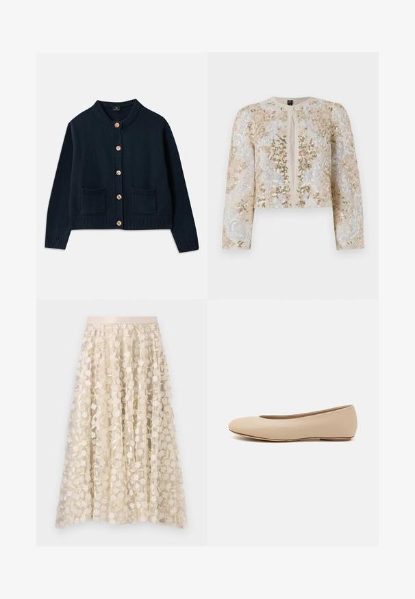 Jachetă scurtă brodată în bej, cu motive florale în roz, verde și albastru. Are mâneci lungi și decolteu rotund.; Cardigan tricotat bleumarin cu guler rotund, șase butoane din lemn și două buzunare frontale; marginea și manșetele striate oferă textură.; Bluză bej cu broderie florală, mâneci puff transparent, guler rotund și închidere cu fermoar la spate. Model floral texturat pe panoul din față.; Broderie florală pe o fustă transparentă, de culoare crem, cu un brâu de satin. Designul include flori mici și delicate, precum și frunze.; Balerini din piele bej, cu vârful rotund, detalii de cusătură minime, toc mic și un logo subtil pe partea din spate. Textură netedă, mată.