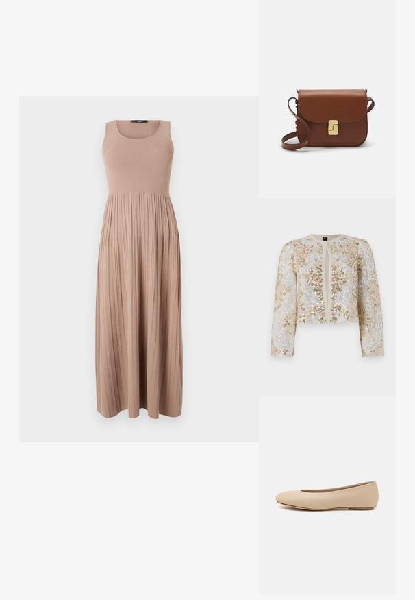 Veste courte brodée en beige avec des motifs floraux en rose, vert et bleu. Comprend des manches longues et un col rond.; Robe maxi en tissu côtelé doux, couleur beige. Présente un corsage ajusté avec un décolleté arrondi et une jupe fluide et plissée. Design simple.; Ballerines en cuir beige avec un bout arrondi, un minimum de coutures, un petit talon et un logo subtil à l'arrière. Texture lisse et mate.; Sac à main en cuir marron avec une fermeture à rabat, des accents en métal doré, une bandoulière et une texture lisse. Forme rectangulaire compacte.