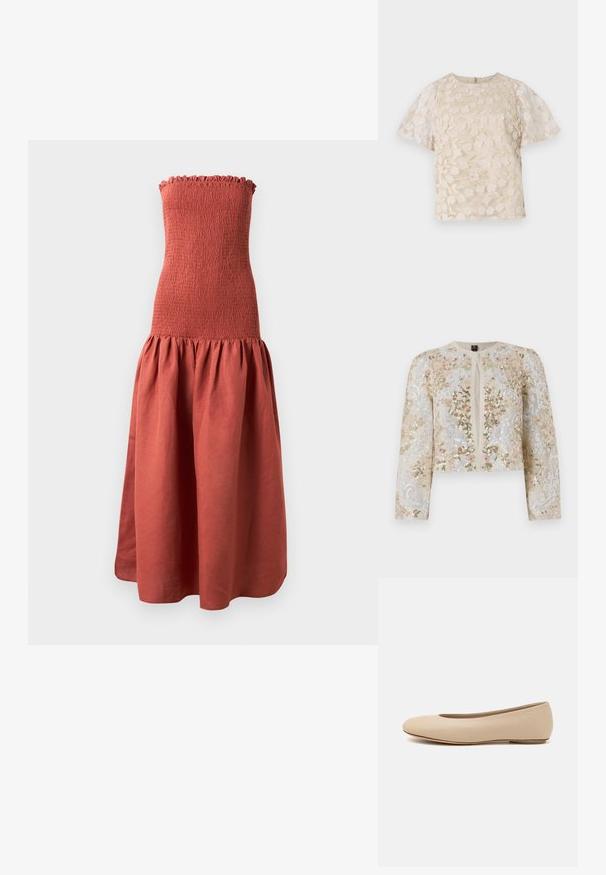 Beige värviga tikandiga lühike jak, millel on roosa, rohelise ja sinise lillemustrid. Omab pikki varrukaid ja ümmargust kaelust.; Pikk, õlakuulmatu kleit, millel on soonikpitsidest bodi rust värvuses, esitades flared ja kokku kogutud seeliku, mis loob tekstuurse ilme.; Beez pluus lilleline tikand, läbipaistvad puffvarrukad, ümmargune kaelus ja tagumine lukuga sulgemine. Tekstureeritud lillemustriga esitahvel.; Beeži nahk balletitossud ümarate varvastega, minimaalse õmbluse detailiga, madala kanna ja diskreetse logoga taga. Sile, mati tekstuur.