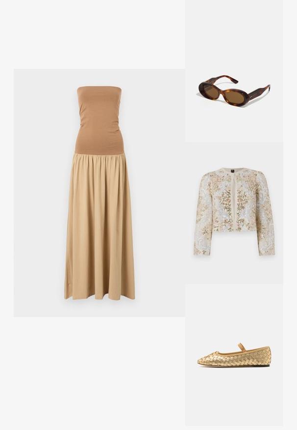 Broderad kort jacka i beige med blommönster i rosa, grönt och blått. Har långa ärmar och rund halsringning.; Axelös maxiklänning med en figurnära brun överdel och en flödande khakifärgad kjol. Tillverkad av mjukt tyg med en rynkad midja.; Loeffler Randall LEONIE SOFT BALLET FLAT - Ballerinaskor med remmar - gold; Sköldpaddsmönstrade solglasögon med ovala linser, brun toning och guldapplikationer på bågarna. Tjocka bågar med glänsande yta och slät textur.