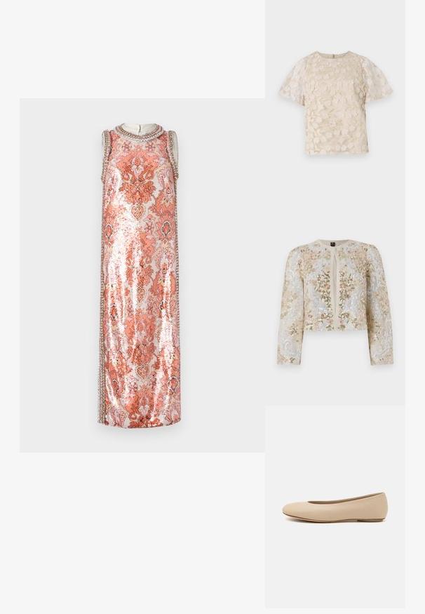 Vyvŕtaná skrátená bunda béžovej farby s kvetinovými motívmi v ružovej, zelenej a modrej. Má dlhé rukávy a okrúhly výstrih.; Šaty zdobené flitrami s kvetinovým vzorom v ružových a oranžových odtieňoch, s bezrámcovým dizajnom a zdobeným výstrihom.; Béžová blúzka s kvetinovou výšivkou, priesvitnými balónovými rukávmi, okrúhlym výstrihom a zadným zipsom. Textúrovaný kvetinový vzor na prednom panely.; Béžové kožené baleríny s okrúhlym prstom, minimálnym švom, nízkym podpätkom a diskrétnym logom na zadnej strane. Hladká, matná textura.