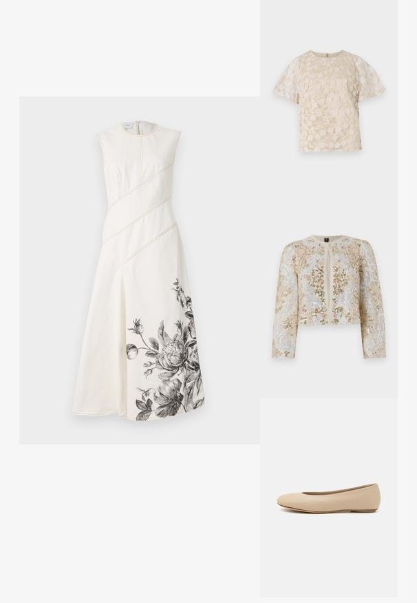 Izšūta īsā jakas stila virsjaka bēšā krāsā ar ziedu motīviem rozā, zaļā un zilā krāsā. Iespējami gari piedurknes un apaļa kakla izgriezums.; Balta bezpiedurkņu kleita ar diognālu šuvju, savilktu jostas vietu un melnu ziedu rakstu apakšā. Gluda, teksturēta auduma.; Bežīga blūze ar ziedu izšuvumu, caurspīdīgām pūkainām piedurknēm, apaļu dekoltē un aizmugurē esošu rāvējslēdzēju. Strukturēts ziedu raksts uz priekšējā paneļa.; Bežs ādas deju zābaciņš ar noapaļu purngalu, minimālu šuvju detaļām, zemu papēdi un diskrētu logotipu aizmugurē. Gluda, matēta tekstūra.