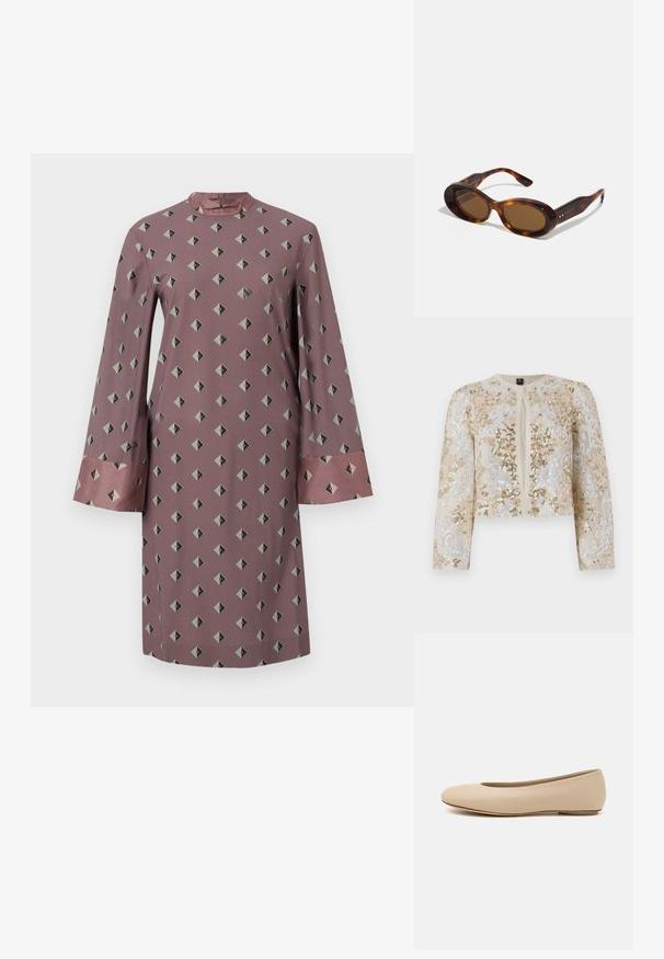 Giacca cropped ricamata in beige con motivi floreali in rosa, verde e blu. Presenta maniche lunghe e scollo rotondo.; Abito a maniche lunghe in tessuto rosa polveroso con un motivo geometrico a diamante in grigio scuro e nero, con polsini in raso a contrasto.; Ballerine in pelle beige con punta arrotondata, dettagli di cucitura minimi, tacco basso e logo discreto sul retro. Texture liscia e opaca.; Occhiali da sole tartaruga con lenti ovali, tonalità marrone e accenti dorati sulle aste. Montatura spessa con una finitura lucida e una texture liscia.