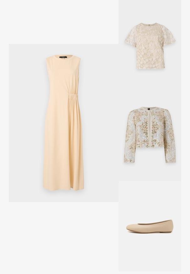Beżowa haftowana kurtka o kroju crop z kwiatowymi motywami w kolorze różowym, zielonym i niebieskim. Posiada długie rękawy i okrągły dekolt.; Sukienka midi bez rękawów w jasnym beżu, z marszczeniem po boku. Wykonana z miękkiego materiału, z okrągłym dekoltem i luźnym krojem.; Beżowa bluzka z kwiecistym haftem, przezroczystymi bufiastymi rękawami, okrągłym dekoltem i zamkiem błyskawicznym z tyłu. Teksturowany kwiatowy wzór na przednim panelu.; Beżowe skórzane baleriny z zaokrąglonym noskiem, minimalnymi szwami, niskim obcasem oraz subtelnym logo z tyłu. Gładka, matowa tekstura.