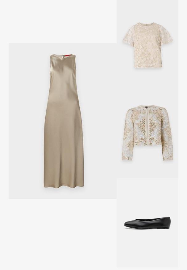 Giacca cropped ricamata in beige con motivi floreali in rosa, verde e blu. Presenta maniche lunghe e scollo rotondo.; Abito senza maniche in satin beige, con scollatura rotonda, forma affusolata e chiusura con zip sul retro. Texture liscia con dettagli minimi.; Blusa beige con ricami floreali, maniche a sbuffo trasparenti, scollatura tonda e chiusura con cerniera sul retro. Motivo floreale testurizzato sul pannello anteriore.; Paul Smith TOPANGA - Ballerine - black