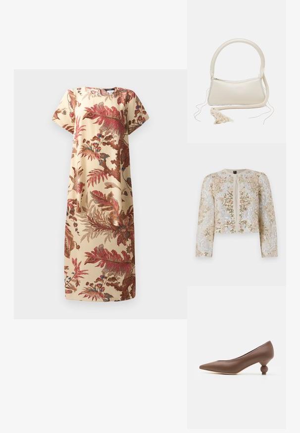 Broderet cropped jakke i beige med blomstermotiv i pink, grøn og blå. Har lange ærmer og rund halsudskæring.; Blomsterkjole i beige med røde og blå botaniske mønstre; korte ærmer, afslappet pasform, blødt stof, knælangt design, rund halsudskæring.; Brune læder pumps med spids tå og en unik rund kuglehælt. Glat tekstur, slankt design og minimalistisch detaljer.; Cremefarvet håndtaske med et rundt håndtag, lynlås lukning og frynsedetalje. Har en glat lædertekstur og kontrasterende stofkant.