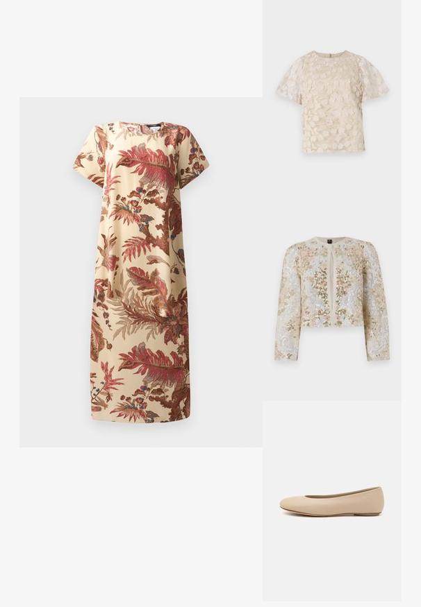 Vyvŕtaná skrátená bunda béžovej farby s kvetinovými motívmi v ružovej, zelenej a modrej. Má dlhé rukávy a okrúhly výstrih.; Kvetinové šaty v béžovej farbe s červenými a modrými botanickými vzormi; krátke rukávy, voľný strih, mäkká látka, dĺžka po kolená, okrúhly výstrih.; Béžová blúzka s kvetinovou výšivkou, priesvitnými balónovými rukávmi, okrúhlym výstrihom a zadným zipsom. Textúrovaný kvetinový vzor na prednom panely.; Béžové kožené baleríny s okrúhlym prstom, minimálnym švom, nízkym podpätkom a diskrétnym logom na zadnej strane. Hladká, matná textura.