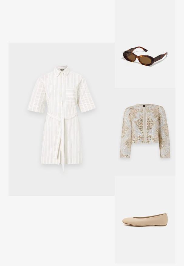 Beige siuvinėtas trumpas švarkas su rožinėmis, žaliomis ir mėlynomis gėlėmis. Turi ilgas rankoves ir apvalų iškirpimą.; Balta trumpų rankovių suknelė su šviesiai rudos vertikalios juostomis. Turi mygtukų užsegimą priekyje, apykaklę ir užrišamą juosmenį. Įeina krūtinės kišenė.; Šviesiai ruda odinė baleto bateliai su apvaliu galiuku, minimaliais siūlių detalėmis, žemu kulnu ir subtiliu logotipu gale. Lygi, matinė tekstūra.; Tortoiso akies saulės akiniai su ovaliais objektyvais, rusvu tonu ir auksiniais akcentais ant šonų. Stori rėmeliai su blizgiu paviršiumi ir glotnia tekstūra.