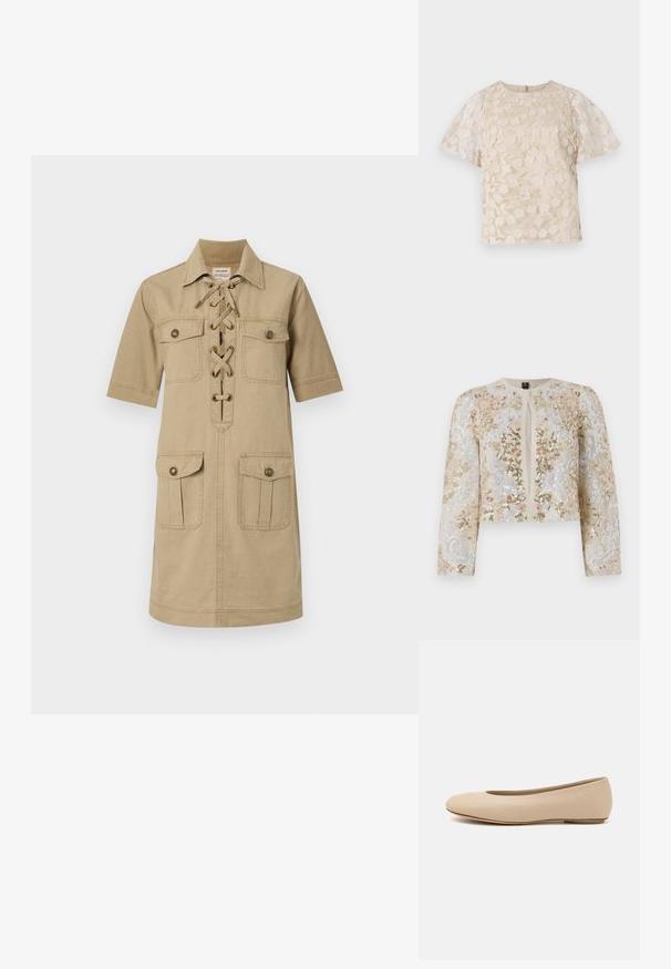 Beige värviga tikandiga lühike jak, millel on roosa, rohelise ja sinise lillemustrid. Omab pikki varrukaid ja ümmargust kaelust.; Kergelt pruun lühikeste varrukatega kleit, millel on nööbid-krae, kinnitatud esitaskud ja kaks ülemist ning alumist patšipakkumist. Puuvilla kangastekstuur.; Beez pluus lilleline tikand, läbipaistvad puffvarrukad, ümmargune kaelus ja tagumine lukuga sulgemine. Tekstureeritud lillemustriga esitahvel.; Beeži nahk balletitossud ümarate varvastega, minimaalse õmbluse detailiga, madala kanna ja diskreetse logoga taga. Sile, mati tekstuur.