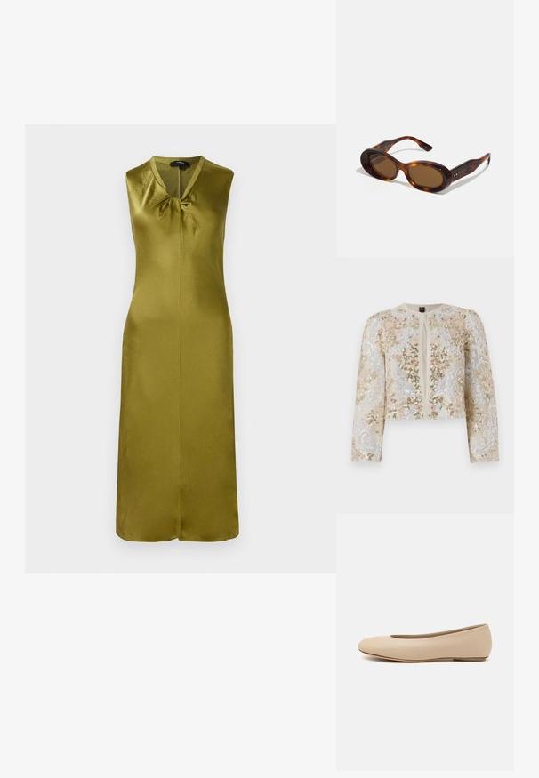 Beige geborduurd cropped jack met florale motieven in roze, groen en blauw. Heeft lange mouwen en een ronde halslijn.; Mouwloze olijfgroene jurk, gemaakt van glad satijn, heeft een V-hals en een knoopdetail aan de voorkant met een centrale naad en recht gesneden.; Beige leren ballerina met een ronde neus, minimale naaidetailing, lage hak en subtiel logo op de achterkant. Gladde, matte textuur.; Schildpad zonnebril met ovale lenzen, bruine tint en gouden accenten op de armen. Dikke monturen met een glanzende afwerking en een gladde textuur.