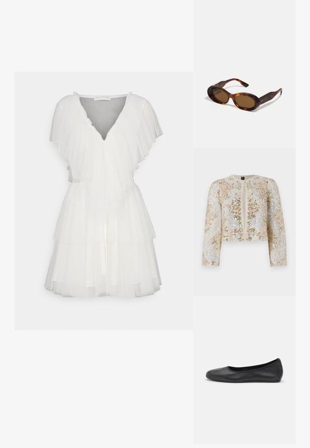 Broderad kort jacka i beige med blommönster i rosa, grönt och blått. Har långa ärmar och rund halsringning.; Vit tyllklänning med ett lager-på-lager-design, V-ringning och svävande ärmar. Utsmyckad med ett bälte i midjan för extra form.; Svart läderballerinaskor med rund tå, slät yta, minimala söm detaljer och en flexibel sula.; Sköldpaddsmönstrade solglasögon med ovala linser, brun toning och guldapplikationer på bågarna. Tjocka bågar med glänsande yta och slät textur.