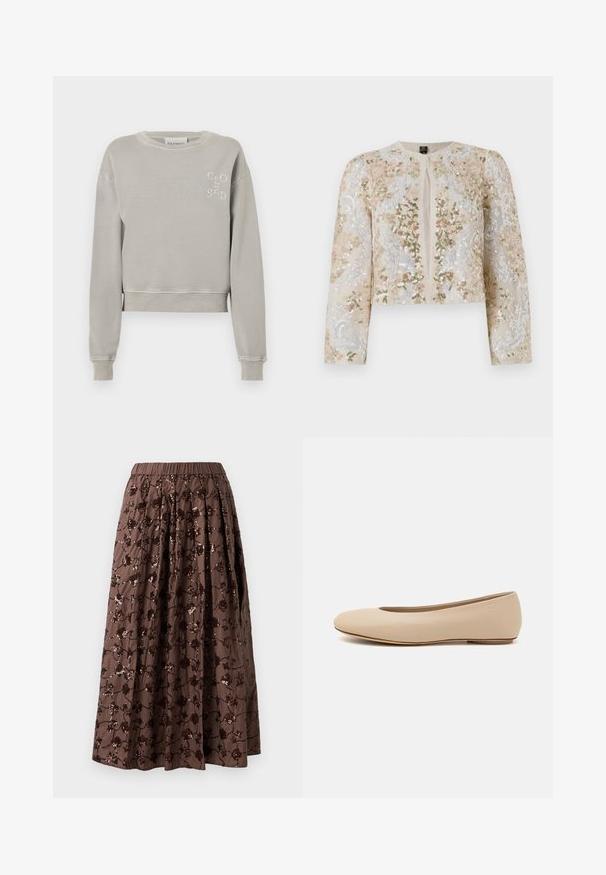 Bestickte, taillierte Jacke in Beige mit blühenden Motiven in Pink, Grün und Blau. Verfügt über lange Ärmel und einen runden Ausschnitt.; Hellgrauer, verkürzter Sweatshirt aus weicher Baumwolle mit gerippten Bündchen, Rundhalsausschnitt und geprägtem "CLOSED"-Logo auf der Brust.; Brauner Midirock mit elastischem Bund, verziert mit floralen Pailletten, mit plissiertem Design und glatter Stofftextur.; Beige Leder-Ballerina mit runder Zehenform, minimaler Nahtgestaltung, niedrigem Absatz und dezentem Logo auf der Rückseite. Glatte, matten Oberfläche.