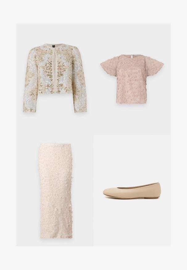 Embroidered cropped jacket in beige with floral motifs in pink, green, and blue. Features long sleeves and a round neckline.; Pink embroidered blouse featuring floral patterns, short flutter sleeves, and a keyhole back closure. Soft, textured fabric.; Cream pencil skirt made of lace with floral appliqués. The design is fitted, featuring a smooth texture and detailed embellishments.; Beige leather ballet flat with rounded toe, minimal seam detailing, low heel, and subtle logo on the back. Smooth, matte texture.