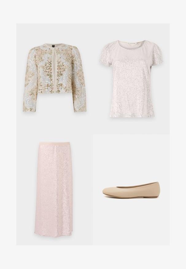 Broderet cropped jakke i beige med blomstermotiv i pink, grøn og blå. Har lange ærmer og rund halsudskæring.; Kortærmet top i lys beige med en tekstureret overflade udsmykket med perler, med rund halsudskæring og samlede ærmer.; Lyserød paliet nederdel med en glat talje, der har en tekstureret overflade og et knælangt A-line design. Reflekterende palietter skaber en glitrende effekt.; Beige læder balletflade med afrundet tå, minimal sømdetaljering, lav hæl og subtilt logo på bagsiden. Glat, mat tekstur.