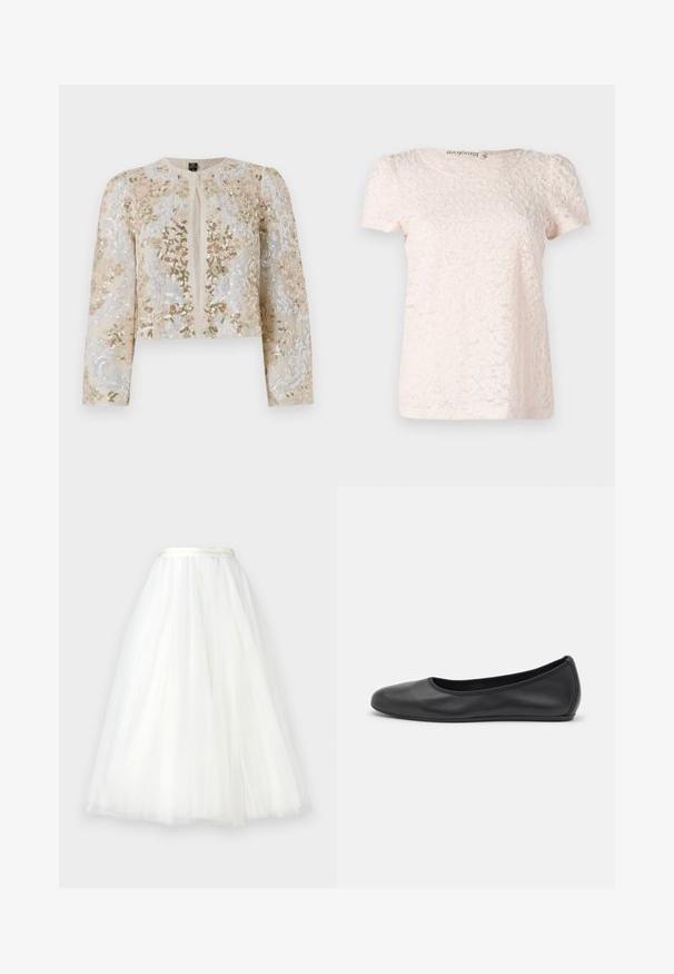 Veste courte brodée en beige avec des motifs floraux en rose, vert et bleu. Comprend des manches longues et un col rond.; Haut rose clair à manches courtes avec un motif floral texturé et un col rond. Fabriqué à partir d'un tissu doux et délicat.; Ida Sjöstedt NOVA - Jupe longue - ivory; Ballerines en cuir noir avec un bout rond, texture lisse, détails de couture minimalistes et design de semelle flexible.