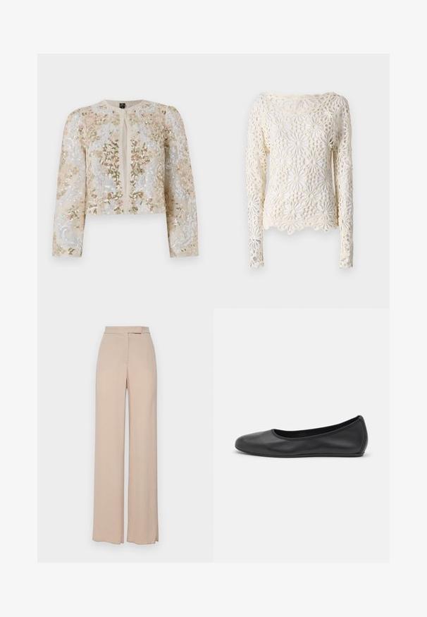 Beige siuvinėtas trumpas švarkas su rožinėmis, žaliomis ir mėlynomis gėlėmis. Turi ilgas rankoves ir apvalų iškirpimą.; Norma Kamali Ilgarankovis viršutinės dalies drabužis - cream; Šviesiai rudos plačių kojų kelnės, pagamintos iš lengvos medžiagos. Jos turi sklandų paviršių, priekines kišenes ir subtilų juosmens dizainą.; Juodai odiniai baletai su apvaliu pirštu, lygi texture, minimalus siuvimo detales ir lanksčiu padų dizainu.