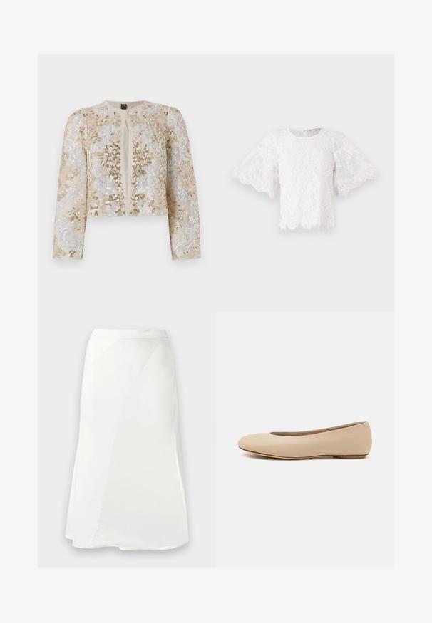 Beige cropattu takki, jossa on pinkkejä, vihreitä ja sinisiä kukkakuvioita. Varustettu pitkillä hihoilla ja pyöreällä kaula-aukolla.; Valkoinen pitsipaita, jossa on lyhyet, liehuvat hihat, pyöreä kaula-aukko ja aaltoileva helma. Kankaassa näkyy herkkiä kukkakuvioita.; Valkoinen A-linjainen hame, jossa on hienovaraiset sauman yksityiskohdat ja sileä pinta, esiteltynä vaaleanharmaata taustaa vasten.; Beige nahkara ballet flat dengan ujung bulat, detail jahitan minimal, hak rendah, dan logo halus di bagian belakang. Tekstur halus dan matte.