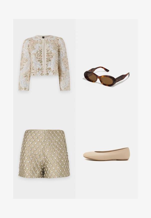 Broderet cropped jakke i beige med blomstermotiv i pink, grøn og blå. Har lange ærmer og rund halsudskæring.; Hvid blondebluse med korte, udvidede ærmer, rund halsudskæring og bølget kant. Der er delikate blomster mønstre synlige på stoffet.; Guldshorts med diamantnetmønster, dekorative sølvfarvede detaljer, glat stof og en tætsiddende pasform.; Beige læder balletflade med afrundet tå, minimal sømdetaljering, lav hæl og subtilt logo på bagsiden. Glat, mat tekstur.; Skildpaddeskals-solbriller med ovale linser, brun nuance, og gyldne detaljer på stængerne. Kraftige rammer med en blank overflade og glat tekstur.