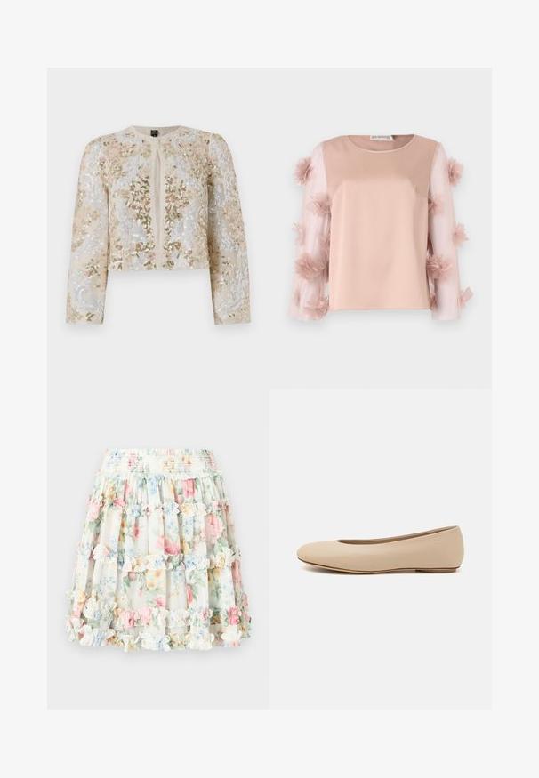 Broderet cropped jakke i beige med blomstermotiv i pink, grøn og blå. Har lange ærmer og rund halsudskæring.; Lys rosa top med en solid satinbund. Gennemsigtige ærmer har spredte stofblomster, der tilføjer tekstur og detaljer. Rund halsudskæring.; Blomsteret lagdelt nederdel med en cremegul baggrund, der har pastelfarvede roser i pink, blå og grøn. Elastisk talje med flæsedetaljer.; Beige læder balletflade med afrundet tå, minimal sømdetaljering, lav hæl og subtilt logo på bagsiden. Glat, mat tekstur.