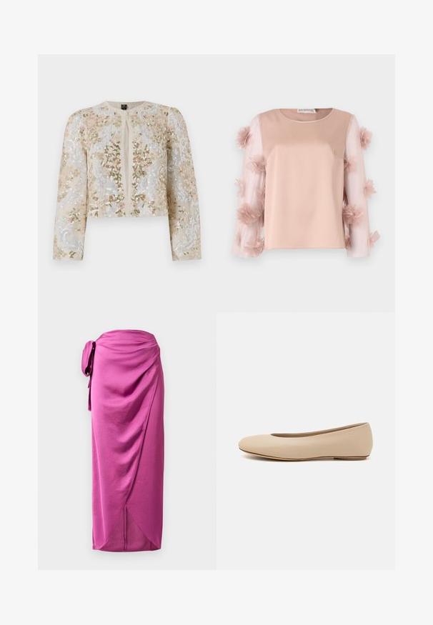 Giacca cropped ricamata in beige con motivi floreali in rosa, verde e blu. Presenta maniche lunghe e scollo rotondo.; Top rosa chiaro con un corpo in satin uniforme. Le maniche trasparenti presentano fiori di stoffa sparsi, aggiungendo texture e dettaglio. Collo rotondo.; Gonna avvolgente rosa con lacci laterali, caratterizzata da tessuto drappeggiato, texture liscia e orlo asimmetrico. Materiale leggero con un design fluido.; Ballerine in pelle beige con punta arrotondata, dettagli di cucitura minimi, tacco basso e logo discreto sul retro. Texture liscia e opaca.