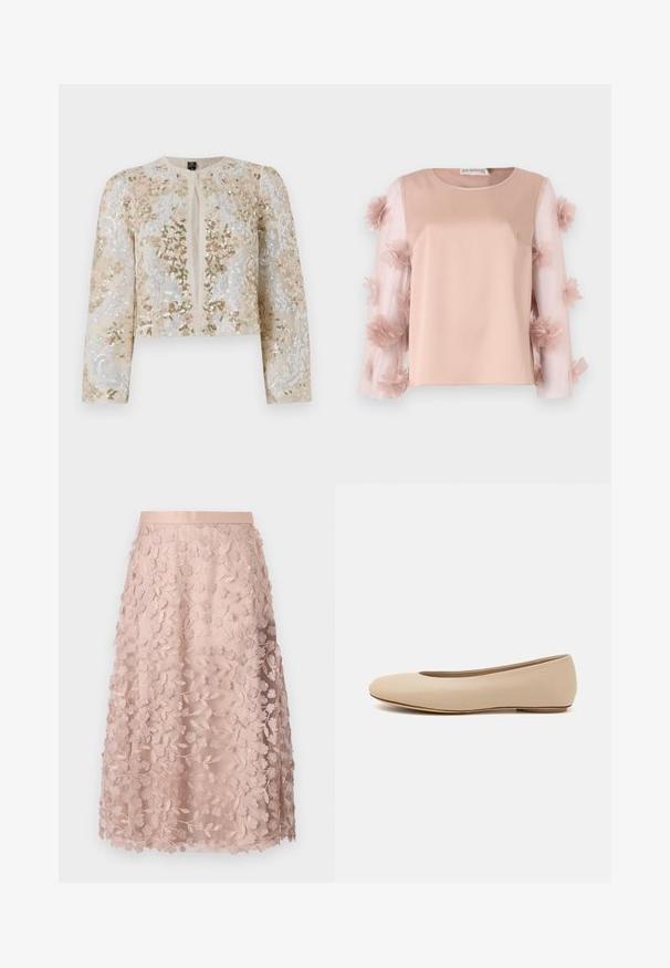 Vyvŕtaná skrátená bunda béžovej farby s kvetinovými motívmi v ružovej, zelenej a modrej. Má dlhé rukávy a okrúhly výstrih.; Svetloružový top so saténovým telom. Priesvitné rukávy sú posiate textilnými kvetmi, čo pridáva textúru a detail. Okrúhly výstrih.; Krajková midi sukňa v jemnej ružovej farbe s kvetinovou výšivkou, so zúženým pásom a vrstveným designom, ktorá podčiarkuje jemnú textúru.; Béžové kožené baleríny s okrúhlym prstom, minimálnym švom, nízkym podpätkom a diskrétnym logom na zadnej strane. Hladká, matná textura.