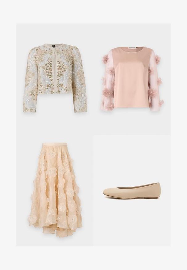 Bestickte, taillierte Jacke in Beige mit blühenden Motiven in Pink, Grün und Blau. Verfügt über lange Ärmel und einen runden Ausschnitt.; Helles rosa Oberteil mit einem einfarbigen Satin-Oberkörper. Durchsichtige Ärmel mit verstreuten Stoffblumen sorgen für Textur und Detail. Rundhalsausschnitt.; Beige Tüllrock mit mehrschichtiger floralem Stickerei, verziert mit Pailletten und einem taillierten Bund, mit einem fließenden Saum.; Beige Leder-Ballerina mit runder Zehenform, minimaler Nahtgestaltung, niedrigem Absatz und dezentem Logo auf der Rückseite. Glatte, matten Oberfläche.