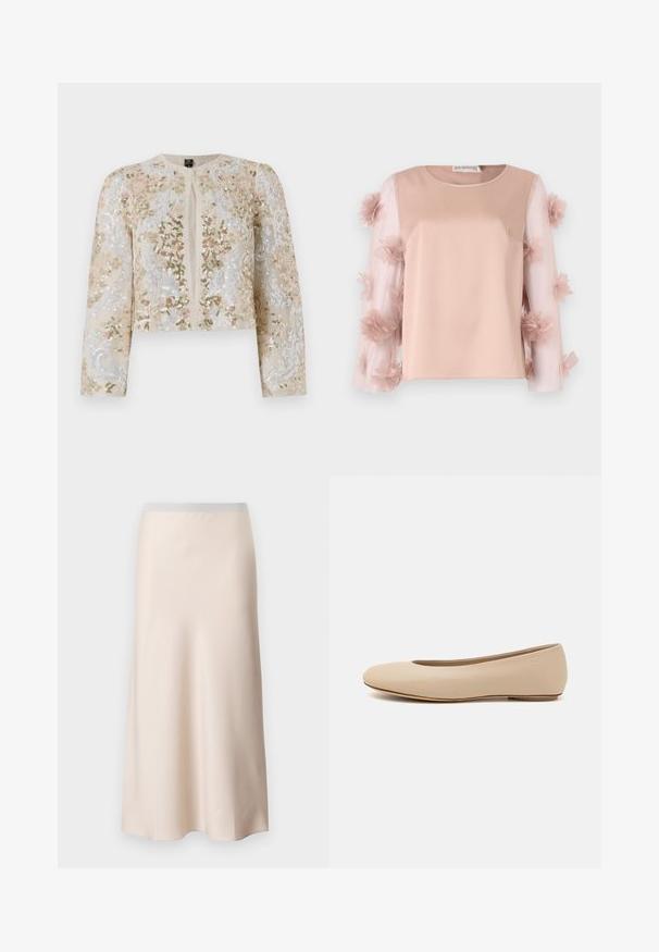 Veste courte brodée en beige avec des motifs floraux en rose, vert et bleu. Comprend des manches longues et un col rond.; Haut rose clair avec un corps en satin uni. Les manches transparentes présentent des fleurs en tissu éparpillées, ajoutant de la texture et des détails. Encolure arrondie.; Jupe midi beige pâle avec une finition lisse et satinée, et une taille élastique gris clair. Design évasé se rétrécissant vers l'ourlet.; Ballerines en cuir beige avec un bout arrondi, un minimum de coutures, un petit talon et un logo subtil à l'arrière. Texture lisse et mate.