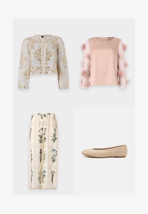 Broderet cropped jakke i beige med blomstermotiv i pink, grøn og blå. Har lange ærmer og rund halsudskæring.; Lys rosa top med en solid satinbund. Gennemsigtige ærmer har spredte stofblomster, der tilføjer tekstur og detaljer. Rund halsudskæring.; Blomstermønstret nederdel med en beige baggrund, elastisk talje og illustrationer af forskellige blomster i grønne, lilla og blå nuancer.; Beige læder balletflade med afrundet tå, minimal sømdetaljering, lav hæl og subtilt logo på bagsiden. Glat, mat tekstur.