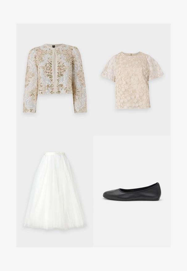Embroidered cropped jacket in beige with floral motifs in pink, green, and blue. Features long sleeves and a round neckline.; Beige blouse with floral embroidery, sheer puff sleeves, round neckline, and back zipper closure. Textured floral pattern on front panel.; Ida Sjöstedt NOVA - Maxi skirt - ivory; Black leather ballet flat with a rounded toe, smooth texture, minimal stitching detail, and a flexible sole design.