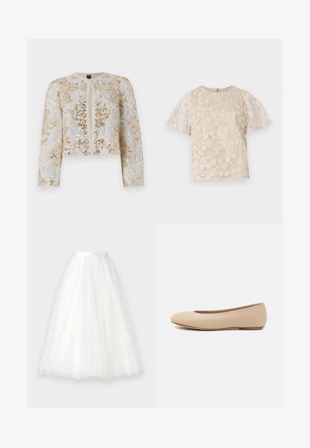 Broderet cropped jakke i beige med blomstermotiv i pink, grøn og blå. Har lange ærmer og rund halsudskæring.; Beige bluse med blomsterbroderi, gennemsigtige puffærmer, rund halsudskæring og lynlåslukning i ryggen. Struktureret blomsterdesign på forpanelet.; Ida Sjöstedt NOVA - Maxinederdele - ivory; Beige læder balletflade med afrundet tå, minimal sømdetaljering, lav hæl og subtilt logo på bagsiden. Glat, mat tekstur.
