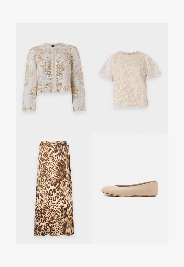 Hímesített, bézs színű, cropped dzseki rózsaszín, zöld és kék virágmotívumokkal. Hosszú ujjaival és kerek nyakkivágásával rendelkezik.; Beige blúz virágos hímzéssel, áttetsző puffos ujjakkal, kerek nyakkivágással és hátsó cipzáras zárással. Textúrált virágmintázat az elülső panelen.; Leopárdmintás, laza maxi szoknya bézs és barna árnyalatokban, fonott derékpánt részlettel. Simított anyag, eséses sziluett.; Beige bőr balettcipő lekerekített orral, minimális varrás részletekkel, alacsony sarkú és diszkrét logóval a hátsó részen. Simább, matt textúrájú.