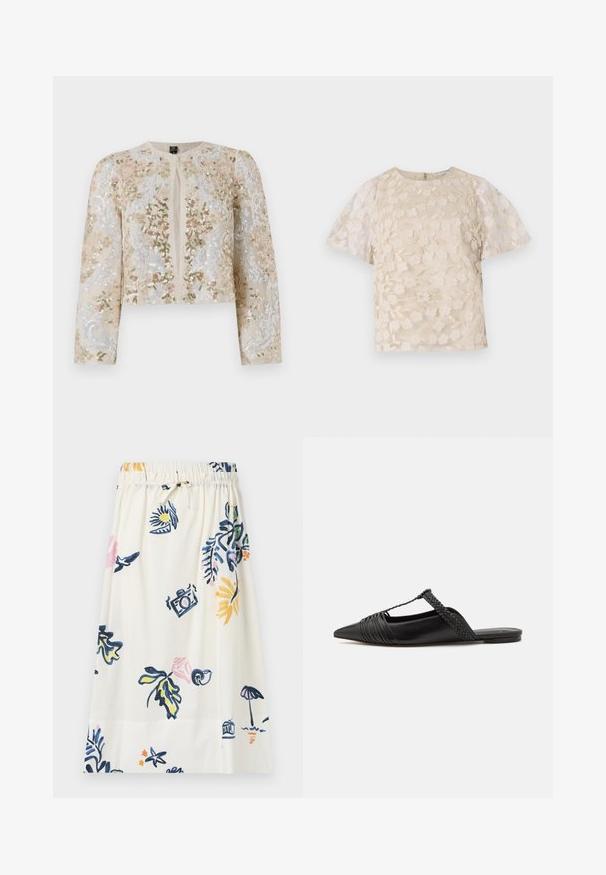 Bestickte, taillierte Jacke in Beige mit blühenden Motiven in Pink, Grün und Blau. Verfügt über lange Ärmel und einen runden Ausschnitt.; Beige Bluse mit floralem Stickmuster, durchsichtigen Puffärmel, Rundhalsausschnitt und Reißverschluss hinten. Texturiertes Blumenmuster auf der Vorderseite.; Weißer knielanger Rock mit floralem und ikonographischem Druck in Blau, Pink und Gelb. Elastischer Bund mit einer Schnüroption.; Schwarzer Leder-Slingback-Schuh mit spitzem Zehenbereich, ausgestattet mit einem geflochtenen Akzent und einem gefalteten Oberdesign. Flache Sohle mit minimalem Zubehör.