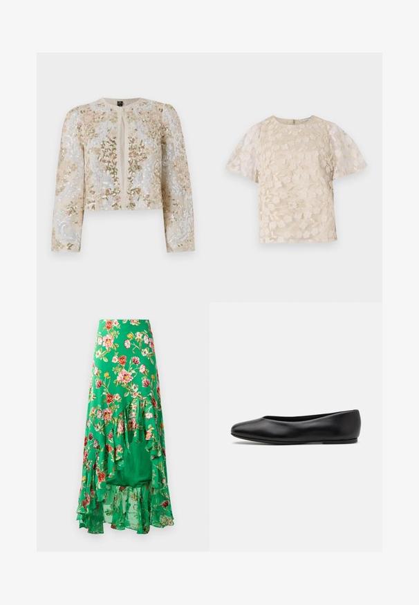Giacca cropped ricamata in beige con motivi floreali in rosa, verde e blu. Presenta maniche lunghe e scollo rotondo.; Blusa beige con ricami floreali, maniche a sbuffo trasparenti, scollatura tonda e chiusura con cerniera sul retro. Motivo floreale testurizzato sul pannello anteriore.; Gonna maxi floreale realizzata in tessuto leggero, con uno sfondo verde e fiori di vari colori, e dettagli a balze sovrapposte all'orlo.; Paul Smith TOPANGA - Ballerine - black