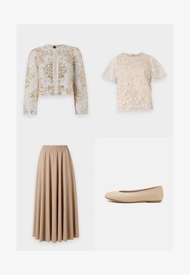 Embroidered cropped jacket in beige with floral motifs in pink, green, and blue. Features long sleeves and a round neckline.; Beige blouse with floral embroidery, sheer puff sleeves, round neckline, and back zipper closure. Textured floral pattern on front panel.; Beige maxi skirt featuring an elastic waistband, made from soft fabric with a flowing, pleated design. Smooth texture, solid color.; Beige leather ballet flat with rounded toe, minimal seam detailing, low heel, and subtle logo on the back. Smooth, matte texture.