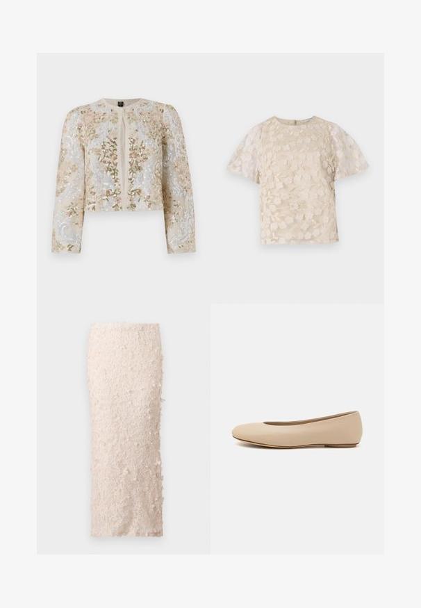 Beige geborduurd cropped jack met florale motieven in roze, groen en blauw. Heeft lange mouwen en een ronde halslijn.; Beige blouse met bloem borduursels, doorschijnende pofmouwen, ronde halslijn en rits op de rug. Getextureerd bloemmotief op het voorpaneel.; Crème kokerrok van kant met bloemen appliqués. Het ontwerp is getailleerd, met een soepele textuur en gedetailleerde versieringen.; Beige leren ballerina met een ronde neus, minimale naaidetailing, lage hak en subtiel logo op de achterkant. Gladde, matte textuur.