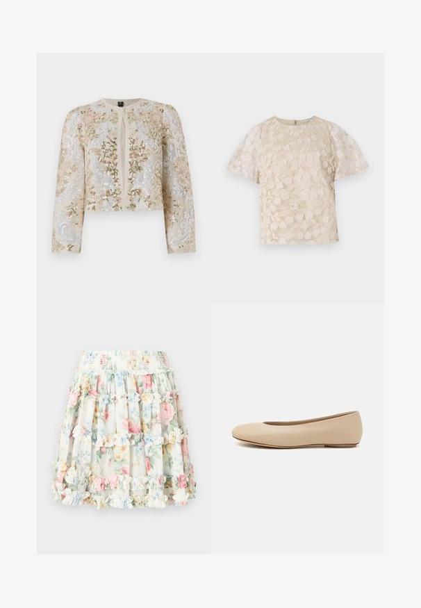 Vyvŕtaná skrátená bunda béžovej farby s kvetinovými motívmi v ružovej, zelenej a modrej. Má dlhé rukávy a okrúhly výstrih.; Béžová blúzka s kvetinovou výšivkou, priesvitnými balónovými rukávmi, okrúhlym výstrihom a zadným zipsom. Textúrovaný kvetinový vzor na prednom panely.; Kvetinová sukňa s viacerými vrstvami na krémovom pozadí, zdobená pastelovo ružovými, modrými a zelenými kvetmi. Elastický pás s volánovými akcentmi.; Béžové kožené baleríny s okrúhlym prstom, minimálnym švom, nízkym podpätkom a diskrétnym logom na zadnej strane. Hladká, matná textura.