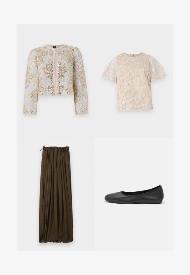 Vyšívaná zkrácená bunda v béžové barvě s květinovými motivy v růžové, zelené a modré. Má dlouhé rukávy a kulatý výstřih.; Beige blůza s květinovou výšivkou, průhlednými nadýchanými rukávy, kulatým výstřihem a zipovým uzávěrem na zádech. Texturovaný květinový vzor na předním panelu.; Dlouhá, tmavě hnědá sukně vyrobená z lehké látky s elastickým pasem a nařasenými sklady, vytvářející plynulý vzhled.; Černé kožené baletní byty s kulatou špičkou, hladkou texturou, minimálními švy a flexibilním designem podrážky.
