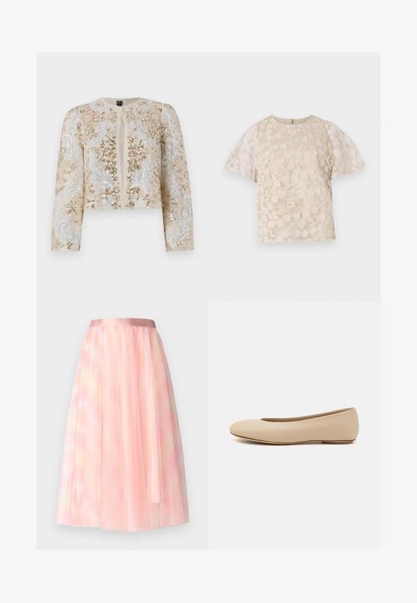 Bestickte, taillierte Jacke in Beige mit blühenden Motiven in Pink, Grün und Blau. Verfügt über lange Ärmel und einen runden Ausschnitt.; Beige Bluse mit floralem Stickmuster, durchsichtigen Puffärmel, Rundhalsausschnitt und Reißverschluss hinten. Texturiertes Blumenmuster auf der Vorderseite.; Ida Sjöstedt FLAWLESS SKIRT - A-Linien-Rock - pink; Beige Leder-Ballerina mit runder Zehenform, minimaler Nahtgestaltung, niedrigem Absatz und dezentem Logo auf der Rückseite. Glatte, matten Oberfläche.